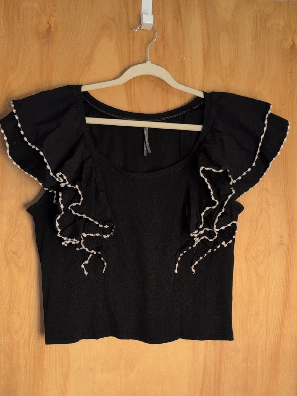Anthropologie Black Ruffle Sleeve Crop Top with Contrast Trim